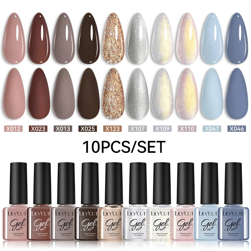 LILYCUTE 10PCS Gel Nail Polish Set, Brown Earth & Coffee Color Series, Semi-Permanent UV LED Soak Off Nail Gel