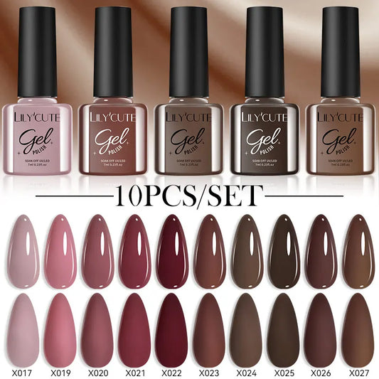 LILYCUTE 10PCS Gel Nail Polish Set, Brown Earth & Coffee Color Series, Semi-Permanent UV LED Soak Off Nail Gel