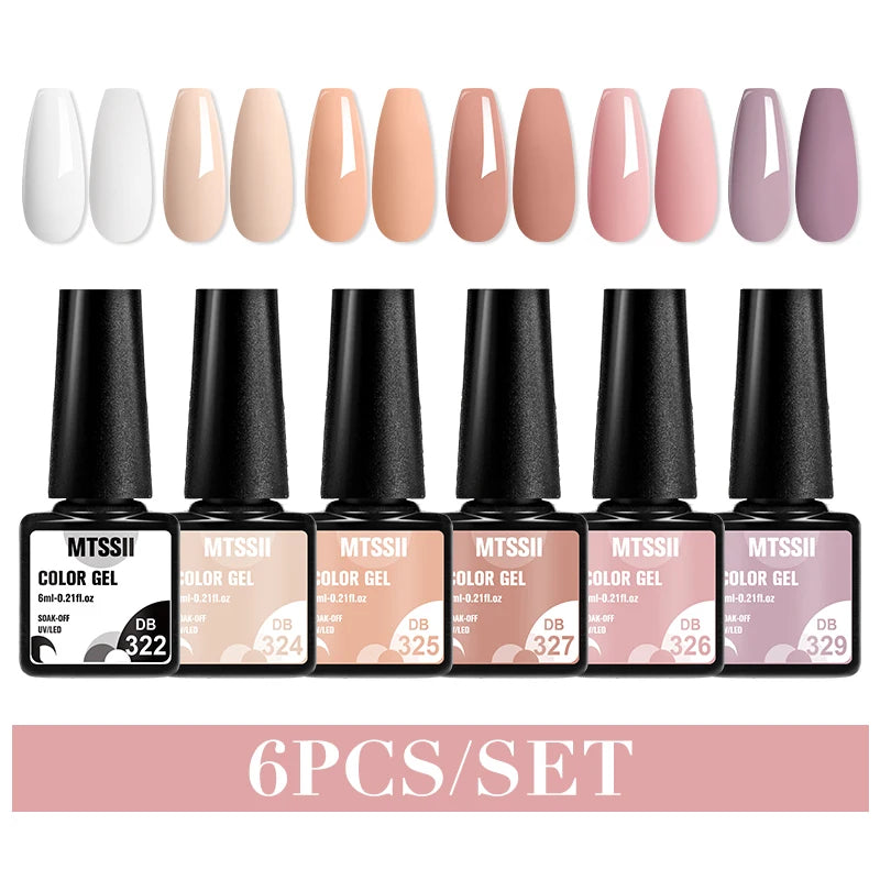 6Pcs Gray Gel Nail Polish Set - Moonlight Colors with Glitter, Semi-Permanent Varnish, Soak-Off UV Gel Manicure Base & Top Coat