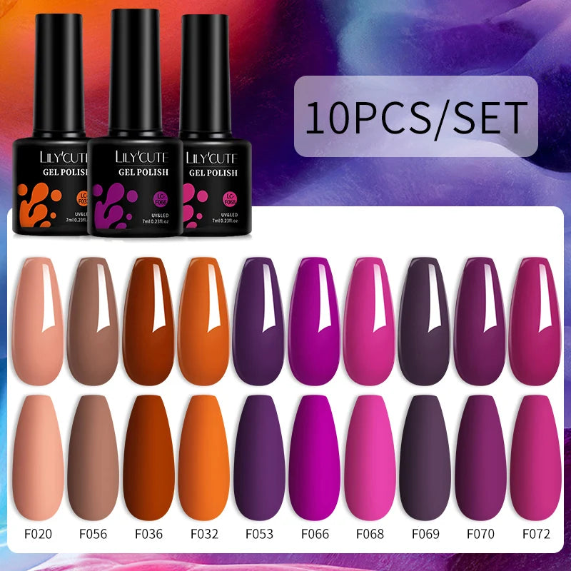 LILYCUTE 10PCS Gel Nail Polish Set, Brown Earth & Coffee Color Series, Semi-Permanent UV LED Soak Off Nail Gel