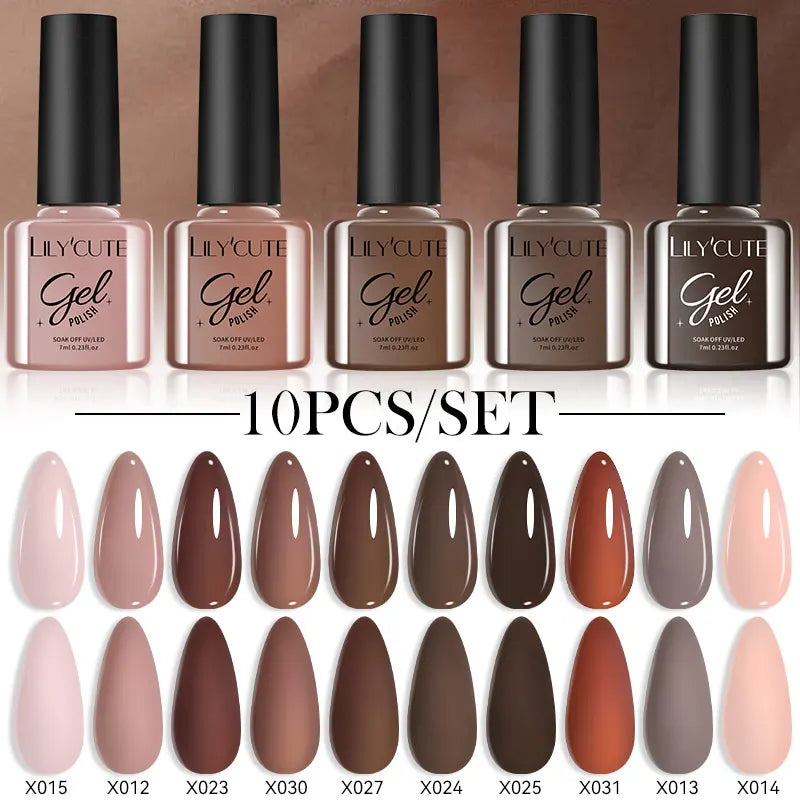 LILYCUTE 10PCS Gel Nail Polish Set, Brown Earth & Coffee Color Series, Semi-Permanent UV LED Soak Off Nail Gel