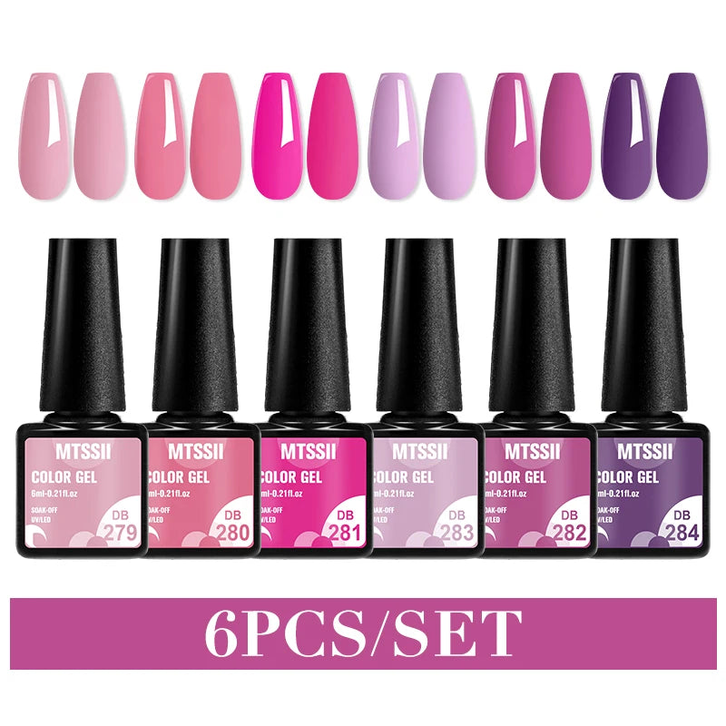 6Pcs Gray Gel Nail Polish Set - Moonlight Colors with Glitter, Semi-Permanent Varnish, Soak-Off UV Gel Manicure Base & Top Coat