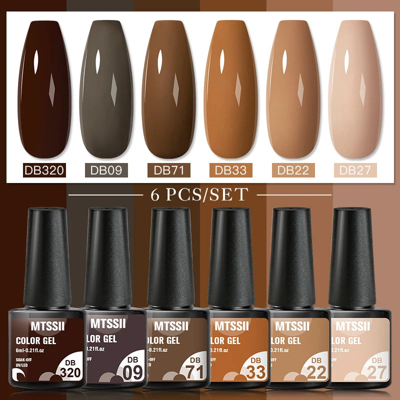 6Pcs Gray Gel Nail Polish Set - Moonlight Colors with Glitter, Semi-Permanent Varnish, Soak-Off UV Gel Manicure Base & Top Coat