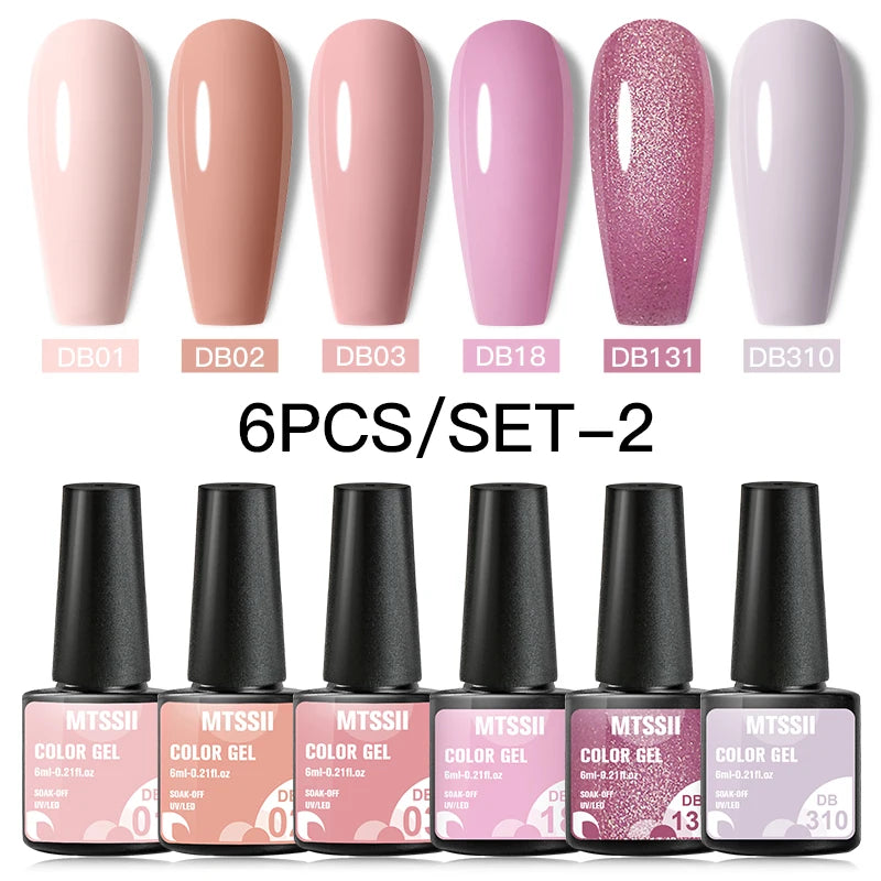 6Pcs Gray Gel Nail Polish Set - Moonlight Colors with Glitter, Semi-Permanent Varnish, Soak-Off UV Gel Manicure Base & Top Coat