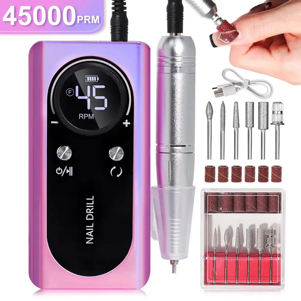 Professional 45000RPM Electric Nail Drill Machine – Rechargeable Portable Low Noise Nail Sander File for Manicure Salon Tool