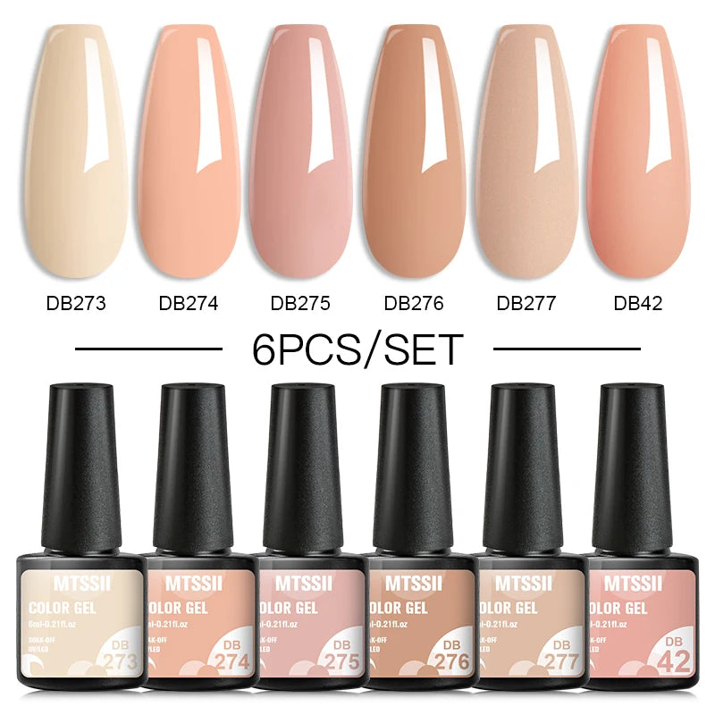 6Pcs Gray Gel Nail Polish Set - Moonlight Colors with Glitter, Semi-Permanent Varnish, Soak-Off UV Gel Manicure Base & Top Coat