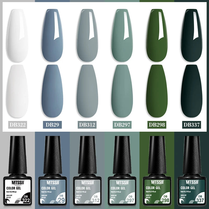6Pcs Gray Gel Nail Polish Set - Moonlight Colors with Glitter, Semi-Permanent Varnish, Soak-Off UV Gel Manicure Base & Top Coat