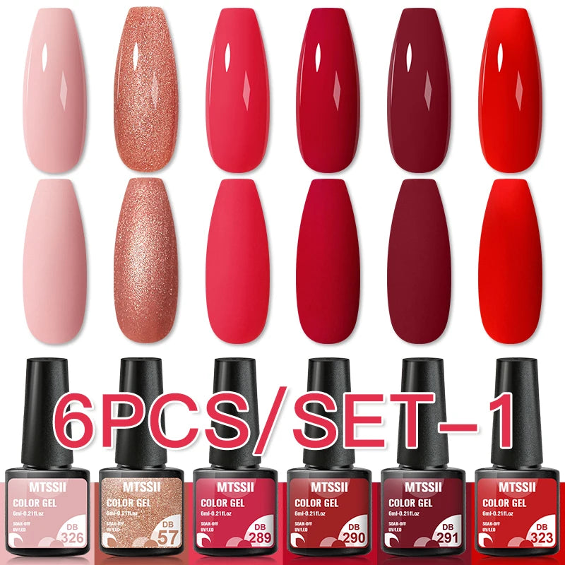 6Pcs Gray Gel Nail Polish Set - Moonlight Colors with Glitter, Semi-Permanent Varnish, Soak-Off UV Gel Manicure Base & Top Coat
