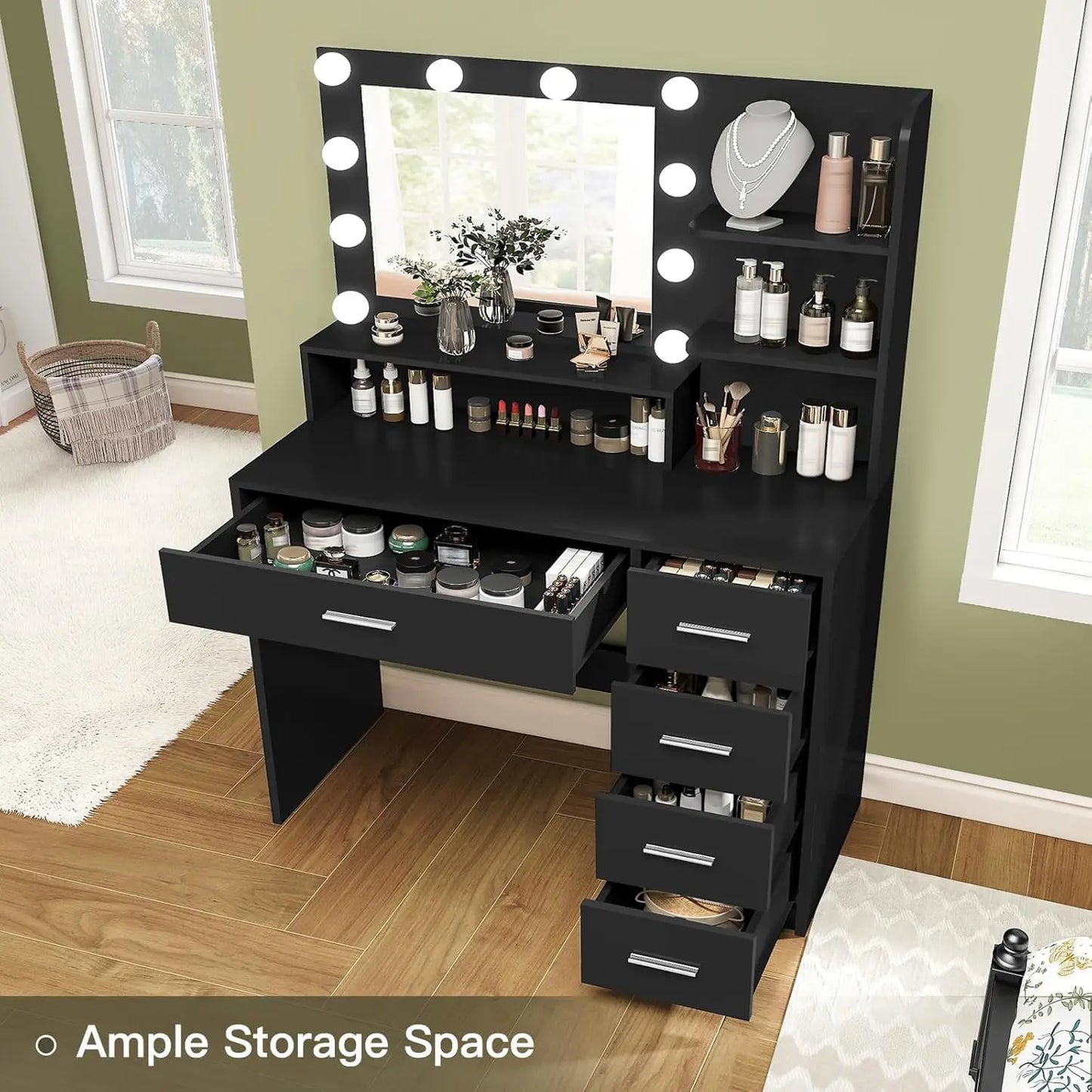 Vanity Desk with Mirror with 5 Drawers & Storage Shelves