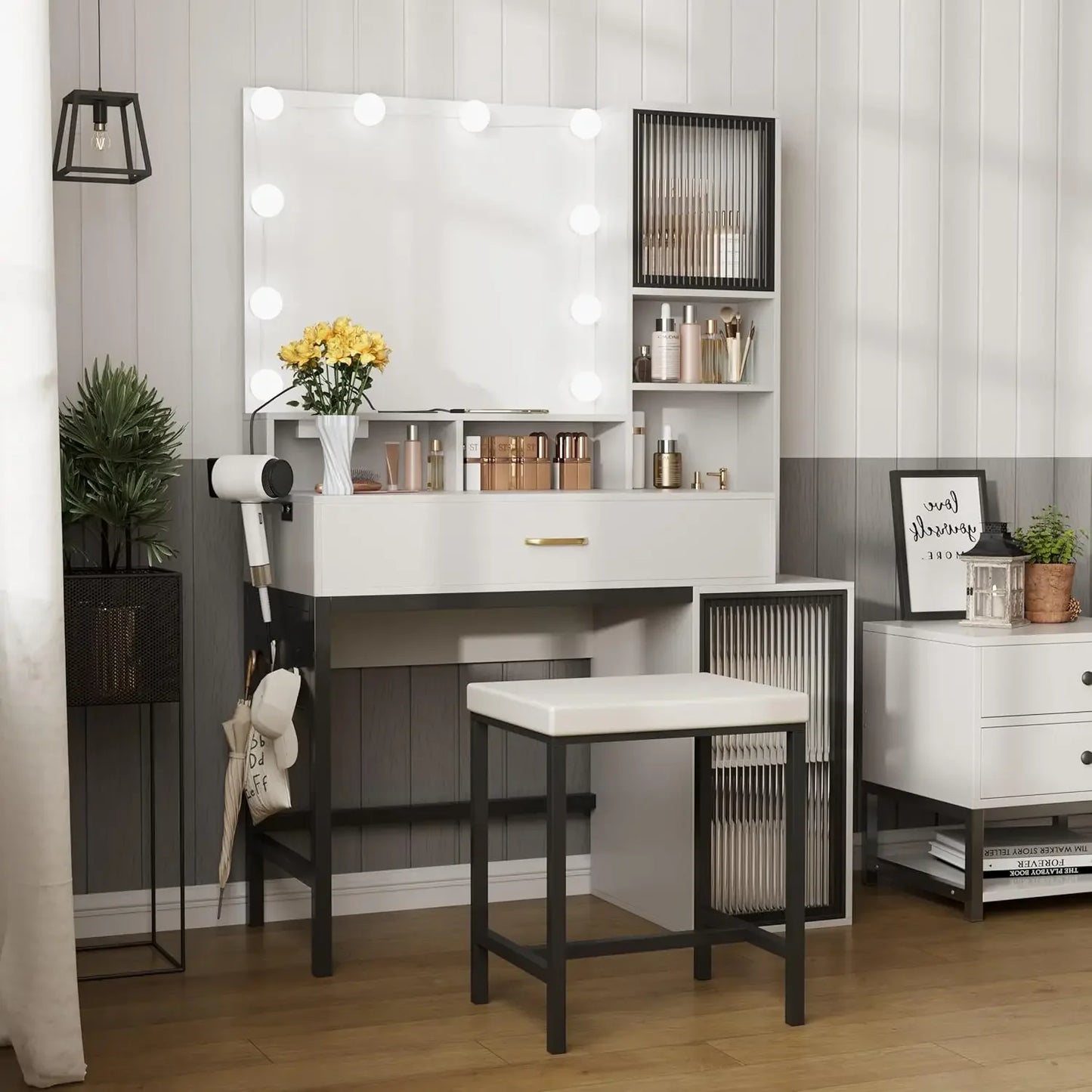 Vanity Desk with Mirror & Lights – Makeup Vanity with 3-Color LED, Charging Station & Clothes Hook, Large Storage Vanity Set
