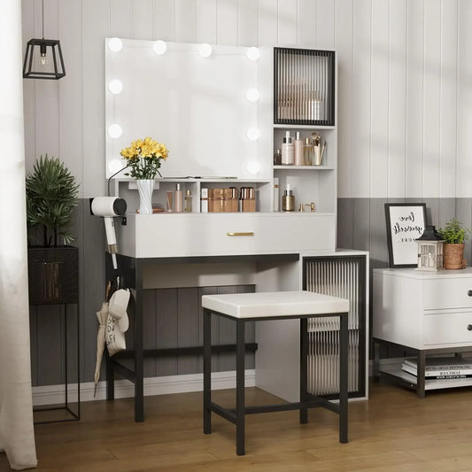 Vanity Desk with Mirror & Lights – Makeup Vanity with 3-Color LED, Charging Station & Clothes Hook, Large Storage Vanity Set