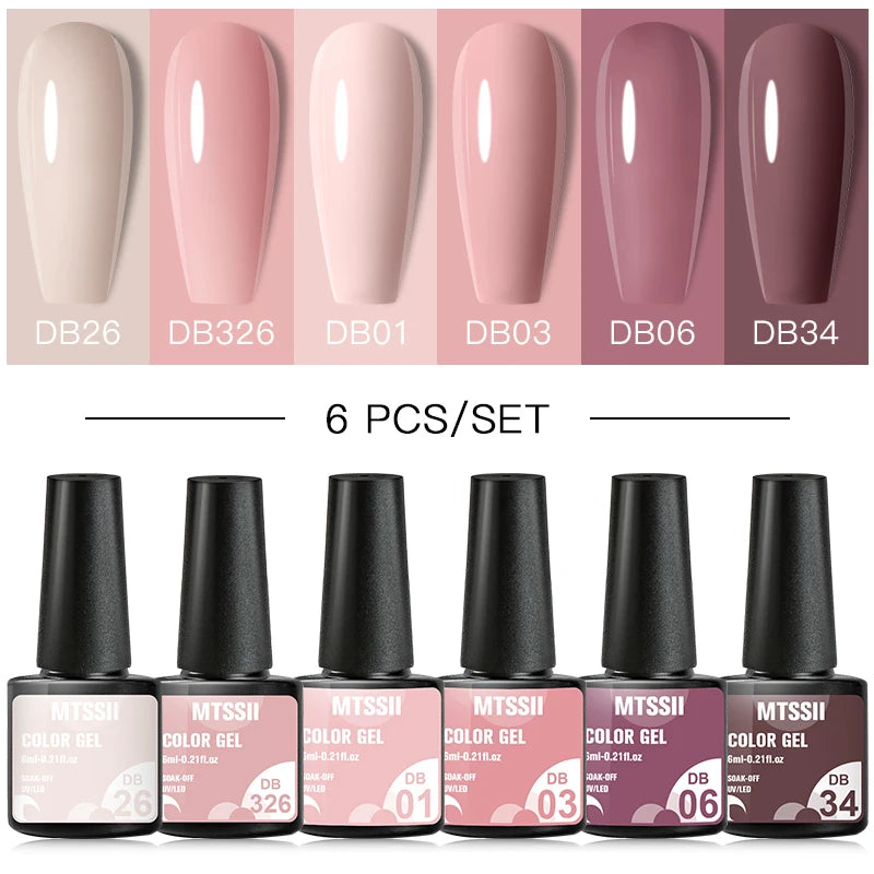 6Pcs Gray Gel Nail Polish Set - Moonlight Colors with Glitter, Semi-Permanent Varnish, Soak-Off UV Gel Manicure Base & Top Coat