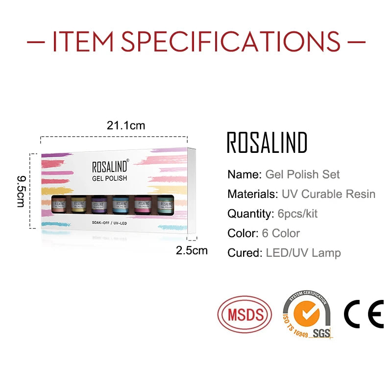 ROSALIND 6PCS Nail Gel Polish Set for Manicure & Nail Art Design, Soak Off Semi-Permanent UV Hybrid Varnish