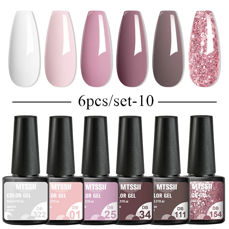 6Pcs Gray Gel Nail Polish Set - Moonlight Colors with Glitter, Semi-Permanent Varnish, Soak-Off UV Gel Manicure Base & Top Coat