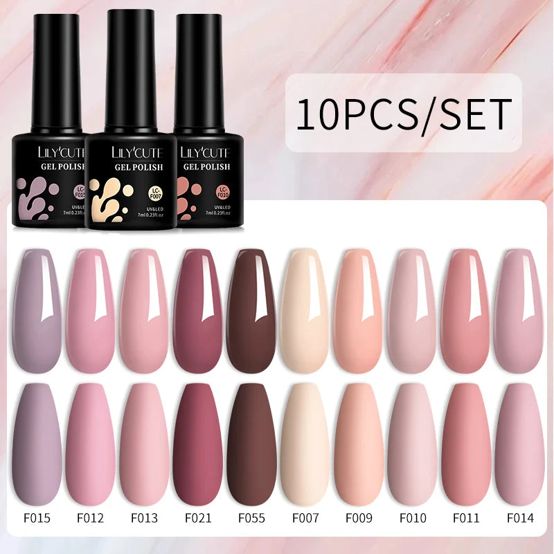 LILYCUTE 10PCS Gel Nail Polish Set, Brown Earth & Coffee Color Series, Semi-Permanent UV LED Soak Off Nail Gel