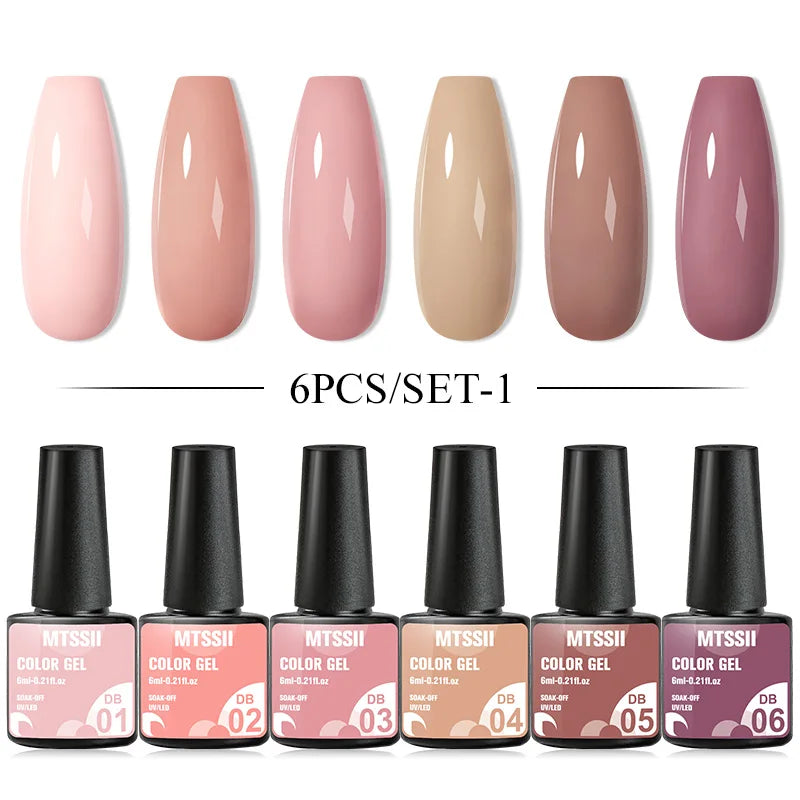 6Pcs Gray Gel Nail Polish Set - Moonlight Colors with Glitter, Semi-Permanent Varnish, Soak-Off UV Gel Manicure Base & Top Coat