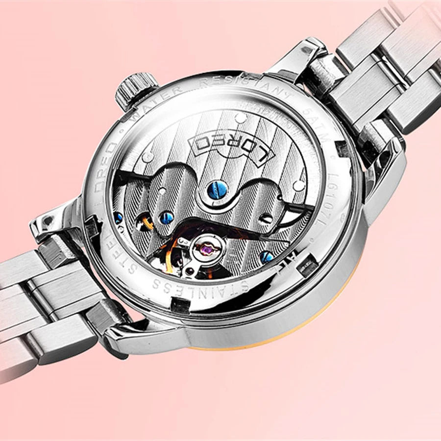LOREO Sapphire Women's Fashion Automatic Mechanical Watch - Leather Band, Casual, Waterproof Wristwatch Gift