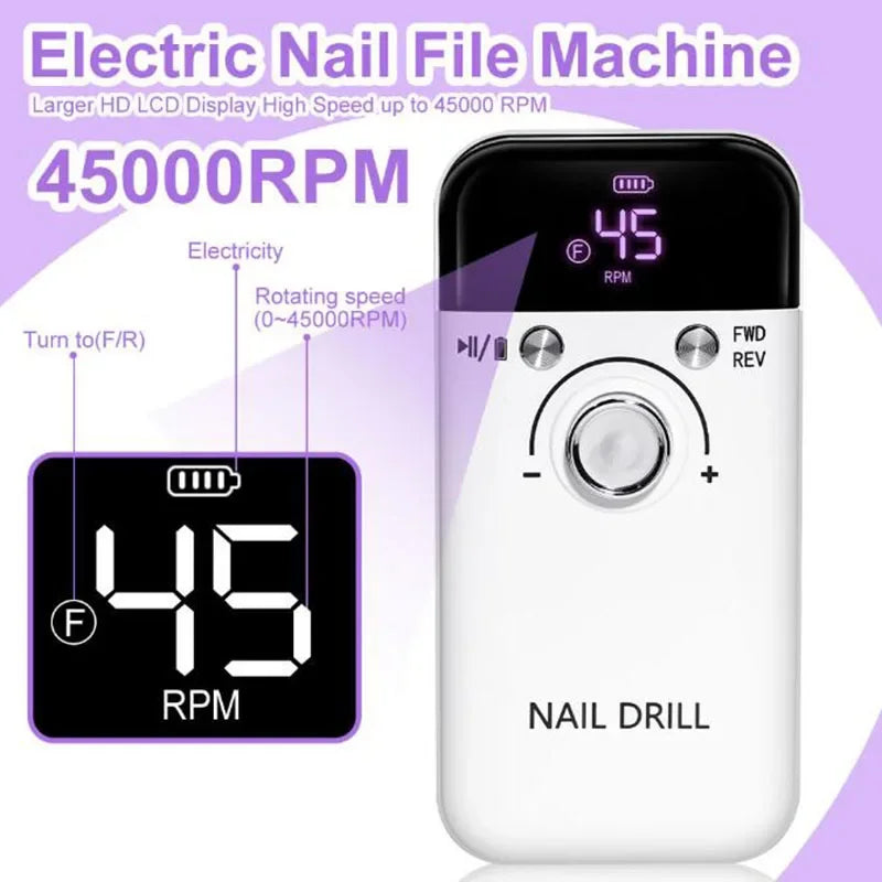 45000RPM Electric Nail Drill Machine - Professional Rechargeable Nail Drill for Gel Nails, Polish, and Manicure Tool