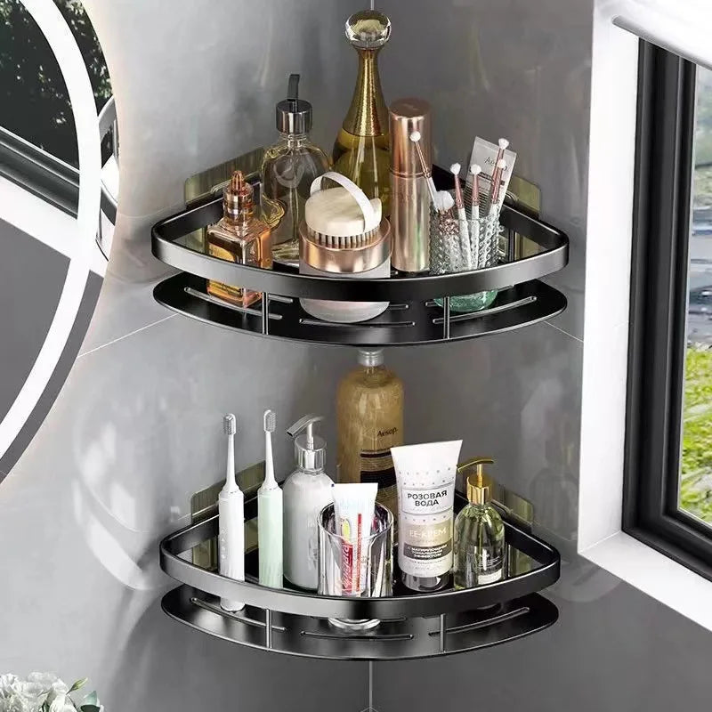 Aluminum Alloy No-Drill Bathroom Shelf – Corner Storage Rack for Shampoo, Makeup & Shower Accessories