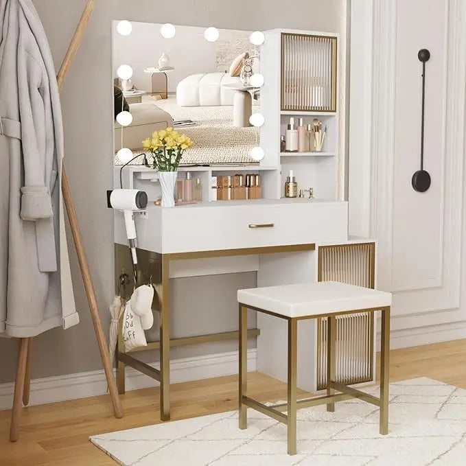 Vanity Desk with Mirror & Lights – Makeup Vanity with 3-Color LED, Charging Station & Clothes Hook, Large Storage Vanity Set