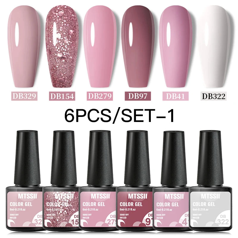6Pcs Gray Gel Nail Polish Set - Moonlight Colors with Glitter, Semi-Permanent Varnish, Soak-Off UV Gel Manicure Base & Top Coat