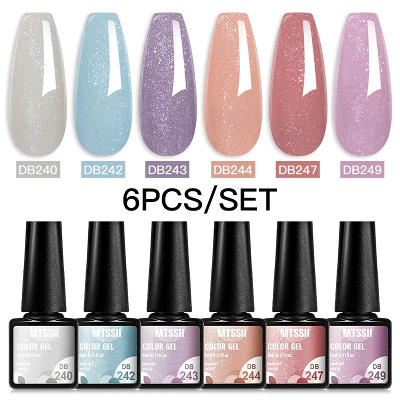 6Pcs Gray Gel Nail Polish Set - Moonlight Colors with Glitter, Semi-Permanent Varnish, Soak-Off UV Gel Manicure Base & Top Coat