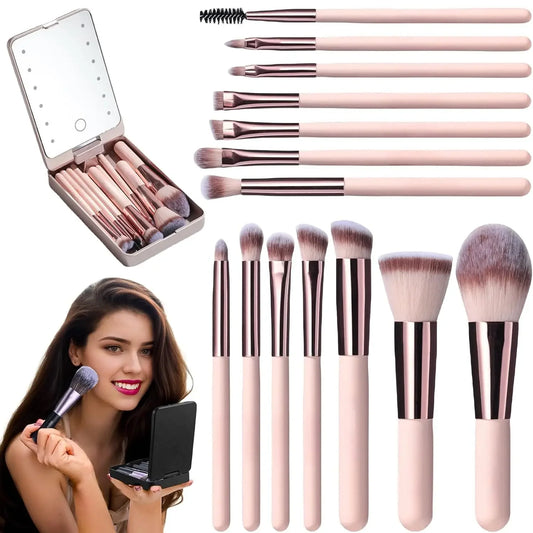 LED Makeup Mirror & 14-Piece Travel Brush Set