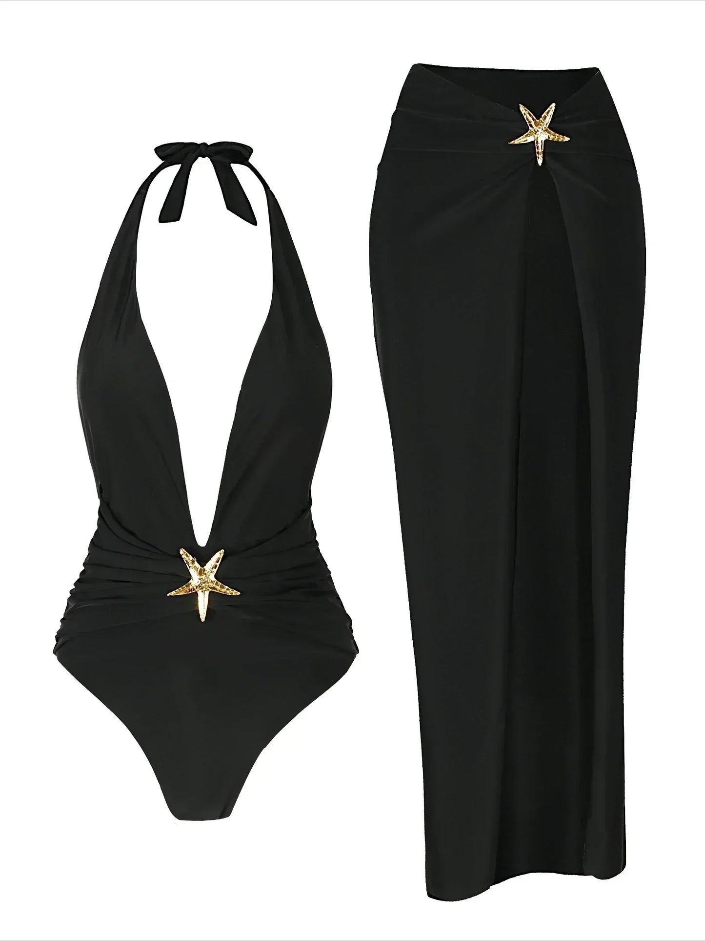Elegant 2-Piece Starfish Halter Bikini Set with High-Split Skirt Cover-Up – Sexy One-Piece Bathing Suit for Women