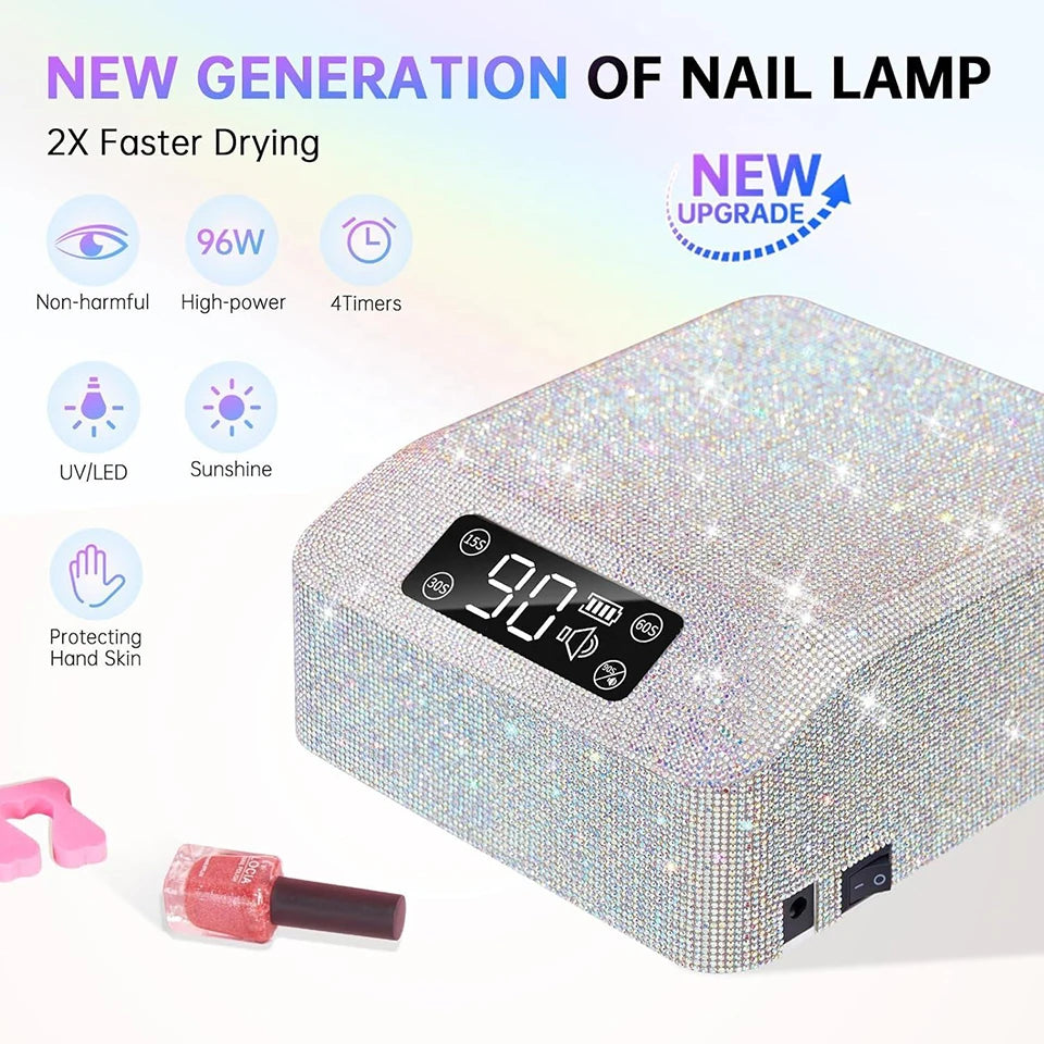 Pro 96W UV LED Nail Lamp Rechargeable with Display & Rhinestone Gel Polish Quick Drying Curing Light