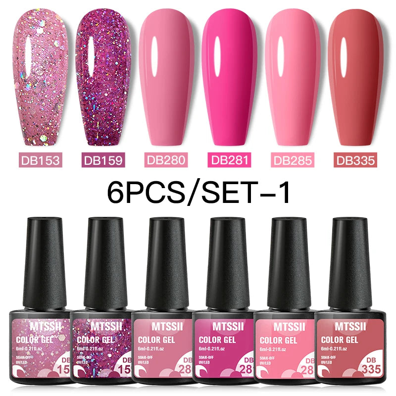 6Pcs Gray Gel Nail Polish Set - Moonlight Colors with Glitter, Semi-Permanent Varnish, Soak-Off UV Gel Manicure Base & Top Coat