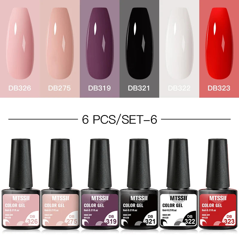 6Pcs Gray Gel Nail Polish Set - Moonlight Colors with Glitter, Semi-Permanent Varnish, Soak-Off UV Gel Manicure Base & Top Coat