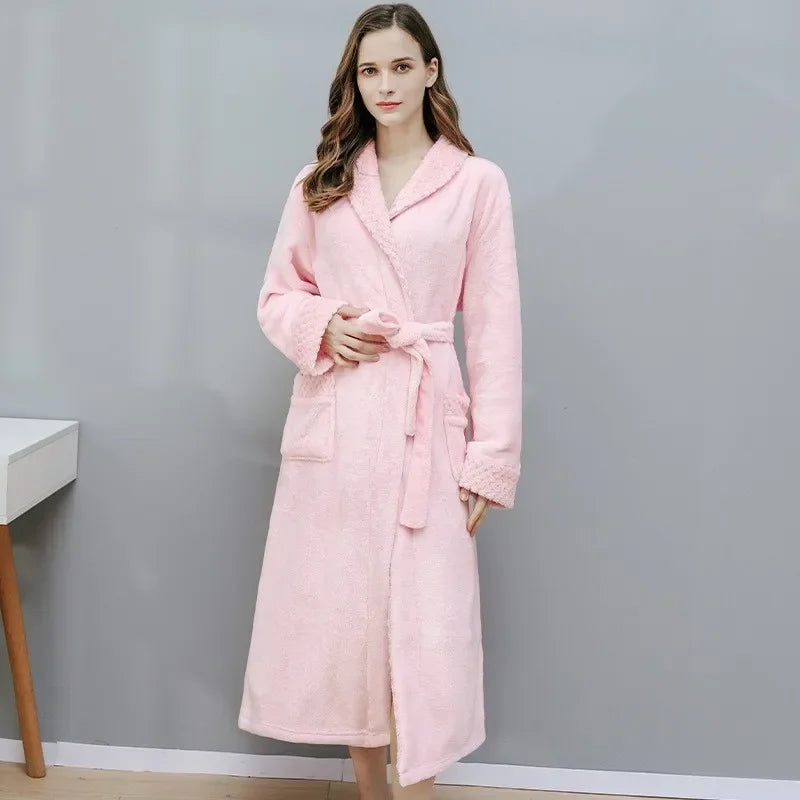 Warm Coral Velvet Bathrobe – Thick Autumn & Winter Couple Robe, Soft Pajamas for Men & Women, Cozy Shower Robe