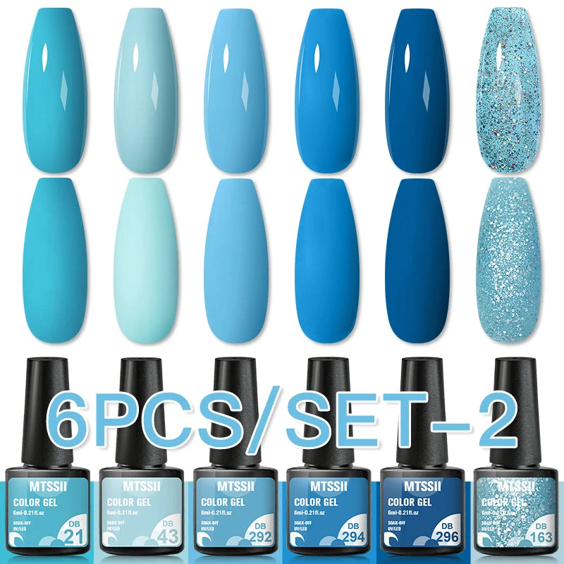 6Pcs Gray Gel Nail Polish Set - Moonlight Colors with Glitter, Semi-Permanent Varnish, Soak-Off UV Gel Manicure Base & Top Coat