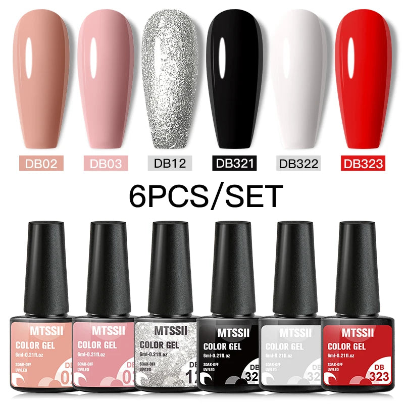 6Pcs Gray Gel Nail Polish Set - Moonlight Colors with Glitter, Semi-Permanent Varnish, Soak-Off UV Gel Manicure Base & Top Coat