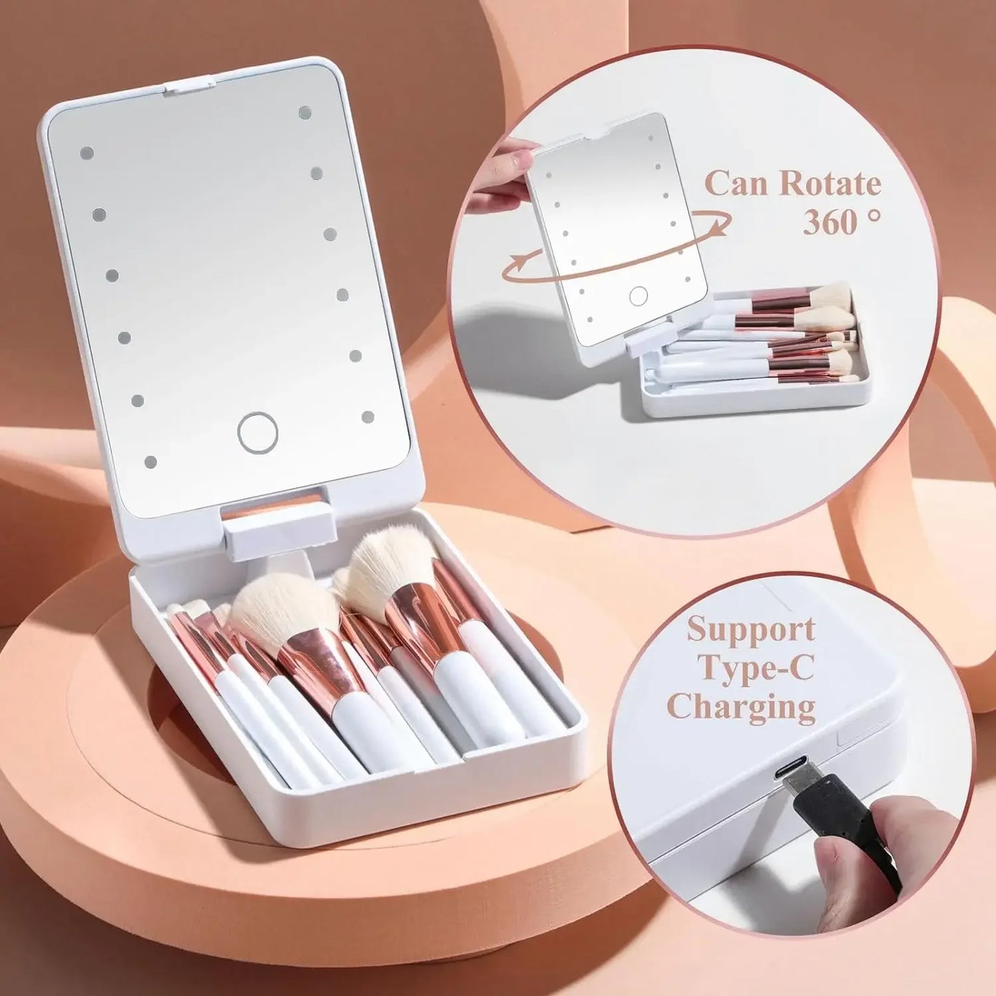 LED Makeup Mirror & 14-Piece Travel Brush Set