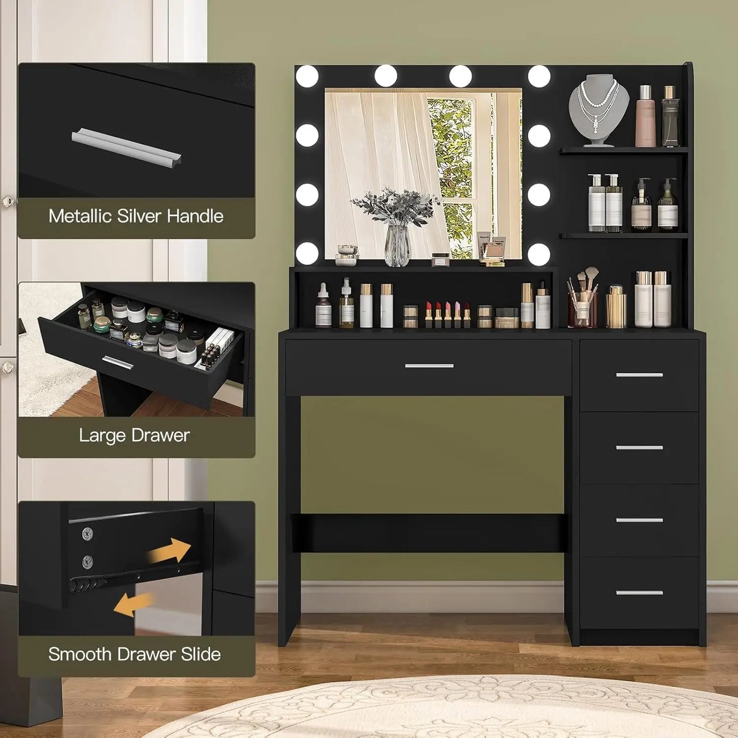 Vanity Desk with Mirror with 5 Drawers & Storage Shelves