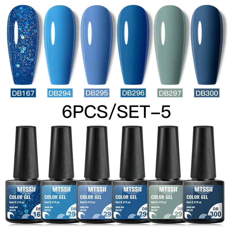 6Pcs Gray Gel Nail Polish Set - Moonlight Colors with Glitter, Semi-Permanent Varnish, Soak-Off UV Gel Manicure Base & Top Coat