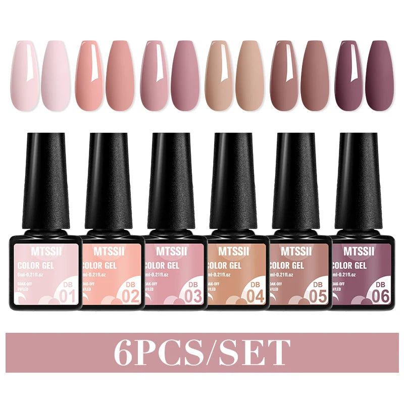 6Pcs Gray Gel Nail Polish Set - Moonlight Colors with Glitter, Semi-Permanent Varnish, Soak-Off UV Gel Manicure Base & Top Coat