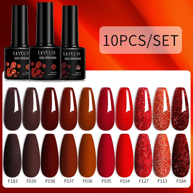 LILYCUTE 10PCS Gel Nail Polish Set, Brown Earth & Coffee Color Series, Semi-Permanent UV LED Soak Off Nail Gel