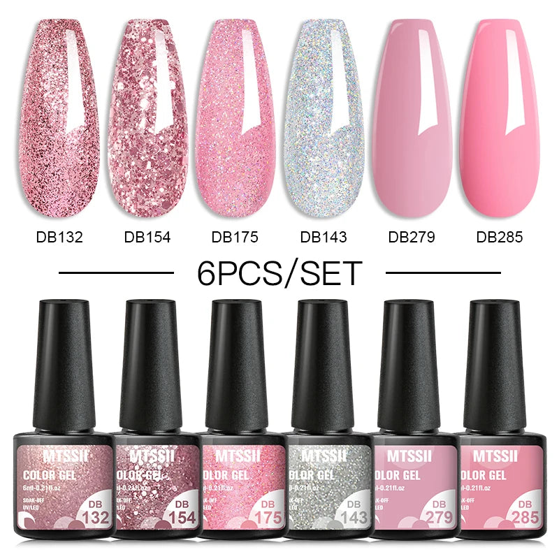 6Pcs Gray Gel Nail Polish Set - Moonlight Colors with Glitter, Semi-Permanent Varnish, Soak-Off UV Gel Manicure Base & Top Coat