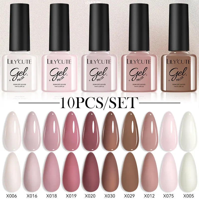LILYCUTE 10PCS Gel Nail Polish Set, Brown Earth & Coffee Color Series, Semi-Permanent UV LED Soak Off Nail Gel