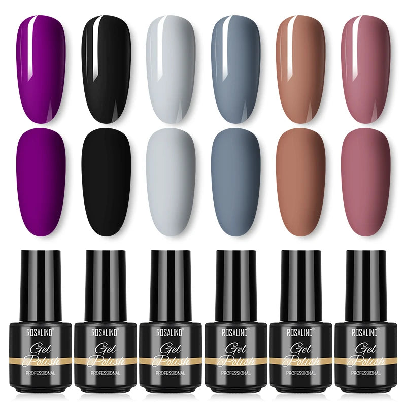 ROSALIND 6PCS Nail Gel Polish Set for Manicure & Nail Art Design, Soak Off Semi-Permanent UV Hybrid Varnish