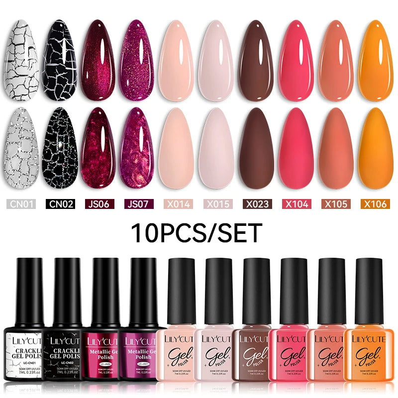 LILYCUTE 10PCS Gel Nail Polish Set, Brown Earth & Coffee Color Series, Semi-Permanent UV LED Soak Off Nail Gel