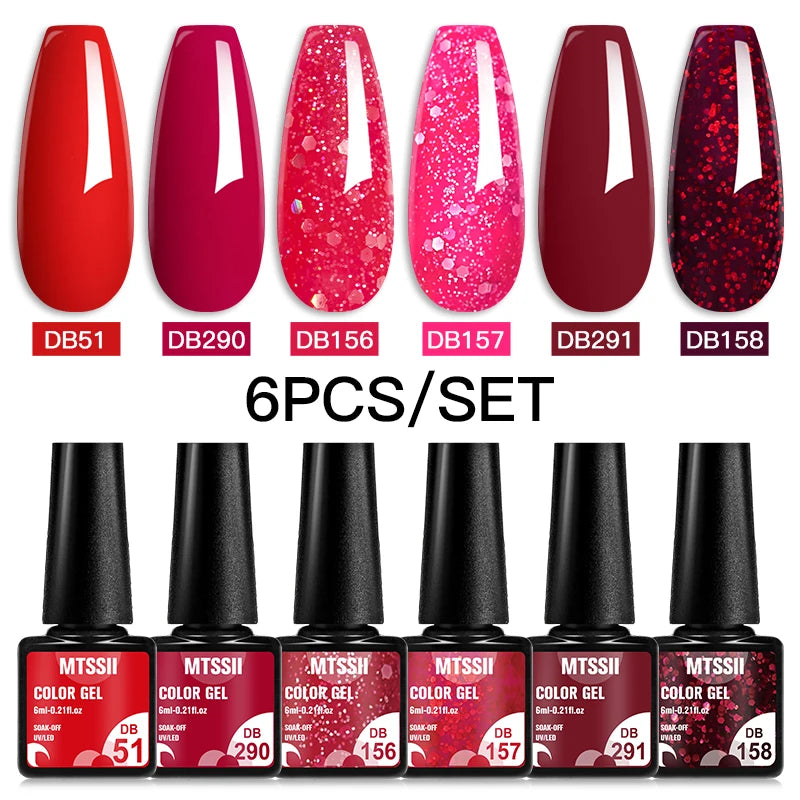 6Pcs Gray Gel Nail Polish Set - Moonlight Colors with Glitter, Semi-Permanent Varnish, Soak-Off UV Gel Manicure Base & Top Coat