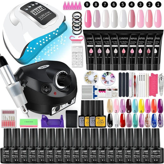 Gel Nail Polish Set Poly Nail Gel Kit with Nail Lamp – Semi-Permanent Varnish & Professional Manicure Tools