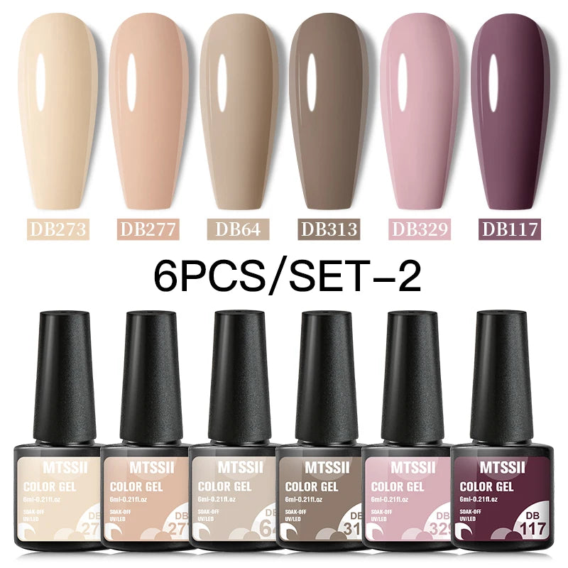 6Pcs Gray Gel Nail Polish Set - Moonlight Colors with Glitter, Semi-Permanent Varnish, Soak-Off UV Gel Manicure Base & Top Coat