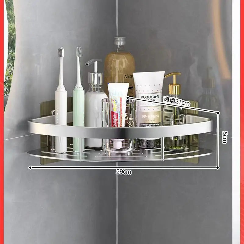 Aluminum Alloy No-Drill Bathroom Shelf – Corner Storage Rack for Shampoo, Makeup & Shower Accessories