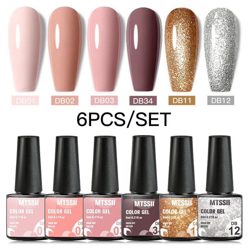 6Pcs Gray Gel Nail Polish Set - Moonlight Colors with Glitter, Semi-Permanent Varnish, Soak-Off UV Gel Manicure Base & Top Coat