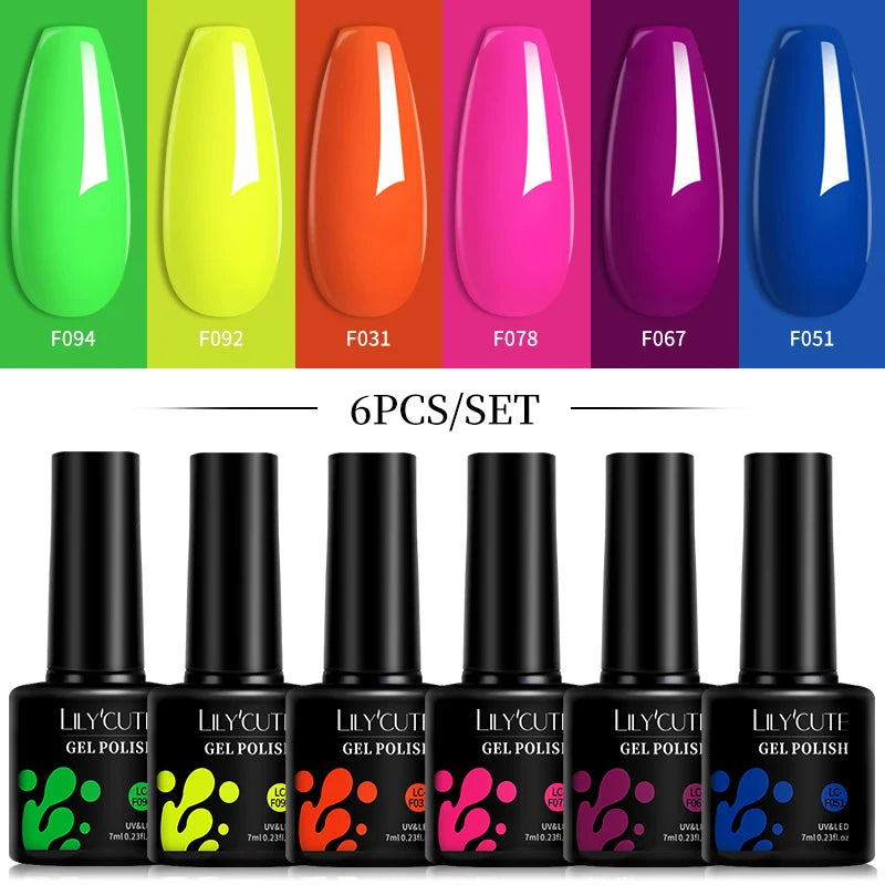 LILYCUTE 6Pcs 7ML Gel Nail Polish Set - Bright Pink UV LED Soak Off Varnish