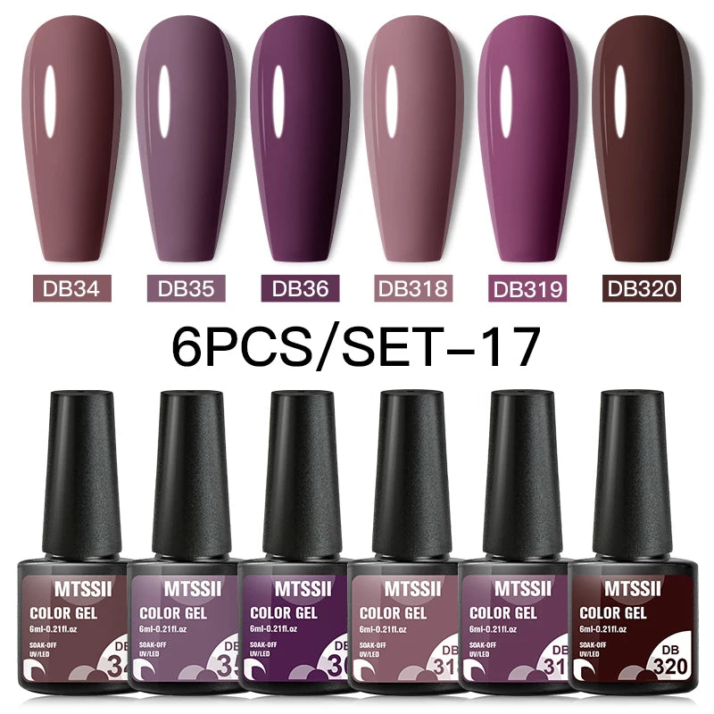 6Pcs Gray Gel Nail Polish Set - Moonlight Colors with Glitter, Semi-Permanent Varnish, Soak-Off UV Gel Manicure Base & Top Coat